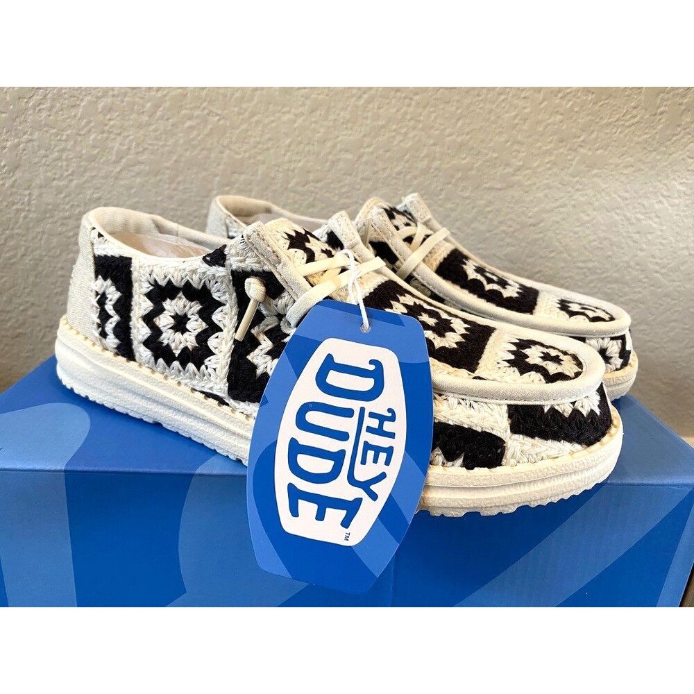 Hey Dude Wendy Cottage Crochet Black White Slip On Shoes Sneakers - Women’s 7 - Picture 2 of 8